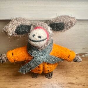 Handcrafted Felted Animal Figurine with Orange Jacket
